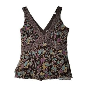 INTUITIONS VINTAGE SILK CHIFFON BROWN FLORAL SLEEVELESS TOP SIZE 6 BOHO Y2K LACE